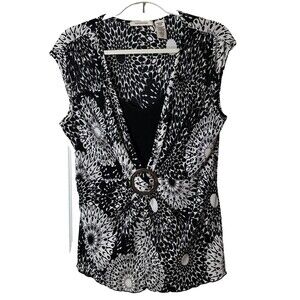 Covington Blouse Size XL Black/White Sleeveless V-Neck Buckle Accent Pleated Top